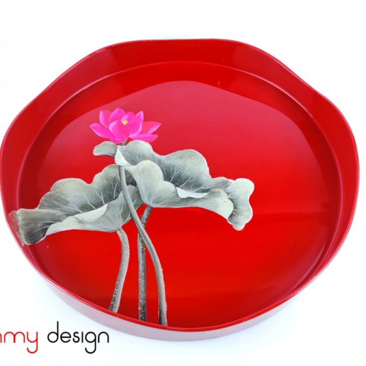 Red round lacquer tray hand-painted with pink lotus/ Size 33cm